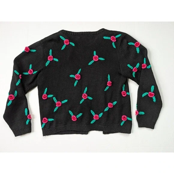 Vintage‎ Roberta Frost Woolart Cardigan Black Floral Rose Long Sleeve One Size - Picture 6 of 6